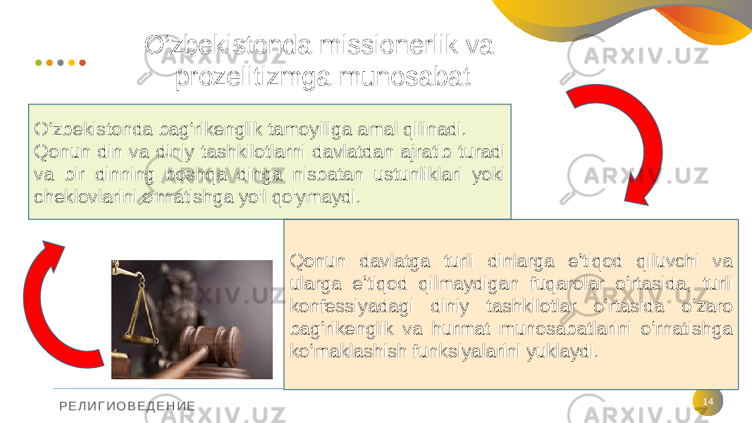 Р Е Л И Г И О В Е Д Е Н И Е O‘zbekistonda missionerlik va prozelitizmga munosabat 14O‘zbekistonda bag‘rikenglik tamoyiliga amal qilinadi. Qonun din va diniy tashkilotlarni davlatdan ajratib turadi va bir dinning boshqa dinga nisbatan ustunliklari yoki cheklovlarini o&#39;rnatishga yo&#39;l qo&#39;ymaydi. Qonun davlatga turli dinlarga eʼtiqod qiluvchi va ularga eʼtiqod qilmaydigan fuqarolar oʻrtasida, turli konfessiyadagi diniy tashkilotlar oʻrtasida oʻzaro bagʻrikenglik va hurmat munosabatlarini oʻrnatishga koʻmaklashish funksiyalarini yuklaydi. 