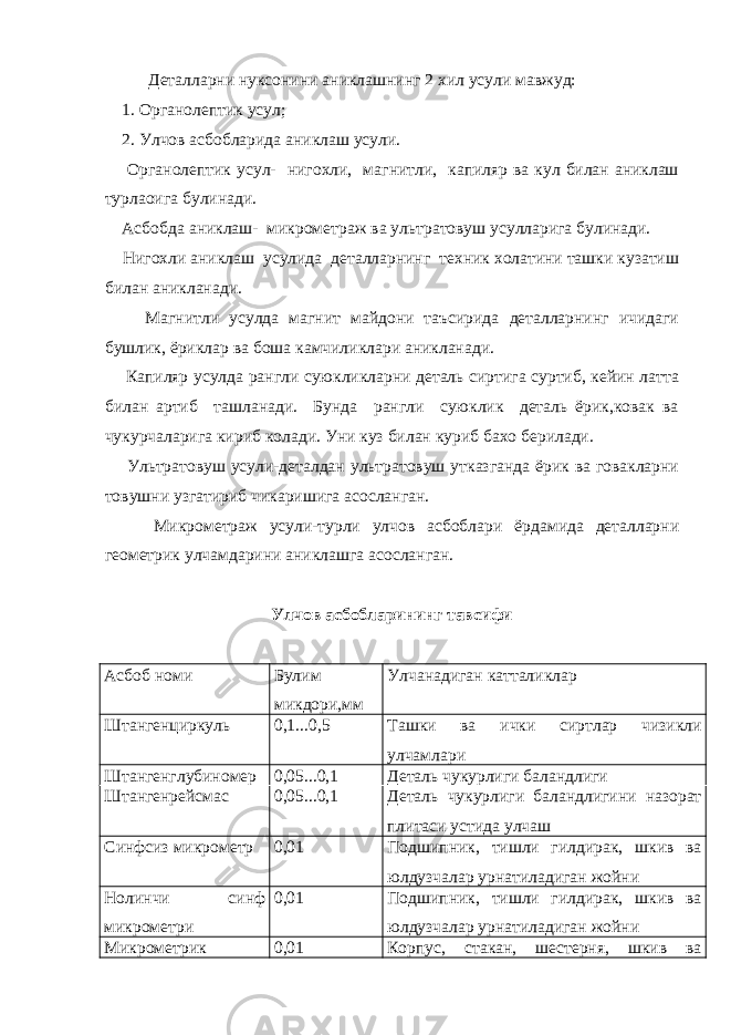 Деталларни нуксонини аниклашнинг 2 хил усули мавжуд: 1. Органолептик усул; 2. Улчов асбобларида аниклаш усули. Органолептик усул- нигохли, магнитли, капиляр ва кул билан аниклаш турлаоига булинади. Асбобда аниклаш- микрометраж ва ультратовуш усулларига булинади. Нигохли аниклаш усулида деталларнинг техник холатини ташки кузатиш билан аникланади. Магнитли усулда магнит майдони таъсирида деталларнинг ичидаги бушлик, ёриклар ва боша камчиликлари аникланади. Капиляр усулда рангли суюкликларни деталь сиртига суртиб, кейин латта билан артиб ташланади. Бунда рангли суюклик деталь ёрик,ковак ва чукурчаларига кириб колади. Уни куз билан куриб бахо берилади. Ультратовуш усули-деталдан ультратовуш утказганда ёрик ва говакларни товушни узгатириб чикаришига асосланган. Микрометраж усули-турли улчов асбоблари ёрдамида деталларни геометрик улчамдарини аниклашга асосланган. Улчов асбобларининг тавсифи Асбоб номи Булим микдори,мм Улчанадиган катталиклар Штангенциркуль 0,1...0,5 Ташки ва ички сиртлар чизикли улчамлари Штангенглубиномер 0,05...0,1 Деталь чукурлиги баландлиги Штангенрейсмас 0,05...0,1 Деталь чукурлиги баландлигини назорат плитаси устида улчаш Синфсиз микрометр 0,01 Подшипник, тишли гилдирак, шкив ва юлдузчалар урнатиладиган жойни Нолинчи синф микрометри 0,01 Подшипник, тишли гилдирак, шкив ва юлдузчалар урнатиладиган жойни Микрометрик 0,01 Корпус, стакан, шестерня, шкив ва 