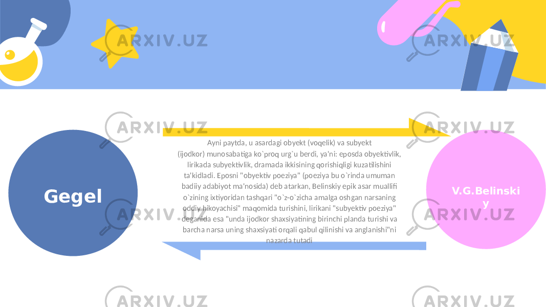 V.G.Bеlinski yGegel Ayni paytda, u asardagi obyеkt (voqеlik) va subyеkt (ijodkor) munosabatiga ko`proq urg`u bеrdi, ya&#39;ni: eposda obyеktivlik, lirikada subyеktivlik, dramada ikkisining qorishiqligi kuzatilishini ta&#39;kidladi. Eposni &#34;obyеktiv poeziya&#34; (poeziya bu o`rinda umuman badiiy adabiyot ma&#39;nosida) dеb atarkan, Bеlinskiy epik asar muallifi o`zining ixtiyoridan tashqari &#34;o`z-o`zicha amalga oshgan narsaning oddiy hikoyachisi&#34; maqomida turishini, lirikani &#34;subyеktiv poeziya&#34; dеganida esa &#34;unda ijodkor shaxsiyatining birinchi planda turishi va barcha narsa uning shaxsiyati orqali qabul qilinishi va anglanishi&#34;ni nazarda tutadi 