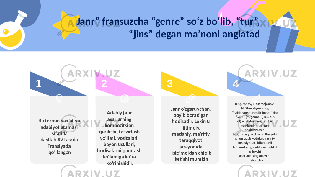 1 2 3 4 Bu termin san’at va adabiyot atamasi sifatida dastlab XVI asrda Fransiyada qo‘llangan Adabiy janr asarlarning kompozitsion qurilishi, tasvirlash yo‘llari, vositalari, bayon usullari, hodisalarni qamrash ko‘lamiga ko‘ra ko‘rinishidir. Janr o‘zgaruvchan, boyib boradigan hodisadir. Lekin u ijtimoiy, madaniy, ma’rifiy taraqqiyot jarayonida iste’moldan chiqib ketishi mumkin D.Quronov, Z.Mamajonov, M.Sheraliyevaning “ Adabiyotshunoslik lug‘ati”da: “JANR (fr. genre – jins, tur, xil) – adabiy janr, adabiy asarlarning tarixan shakllanuvchi tipi, muayyan davr milliy yoki jahon adabiyotida umumiy xususiyatlari bilan turli ko‘lamdagi guruhlarni tashkil qiluvchi asarlarni anglatuvchi tushunchaJanr” fransuzcha “genre” so‘z bo‘lib, “tur”, “ jins” degan ma’ noni anglatad 