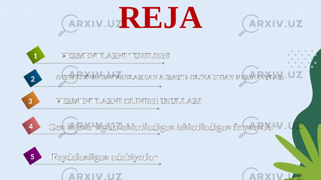 REJA Gen injenerligida ishlatiladigan ishlatiladigan fermentlar4 FERMENTLARNI TUZILISHI1 O’SIMLIK VA HAYVONLARDAN AJRATIB OLINADIGAN FERMENTLAR 2 FERMENTLARNI OLINISH USULLARI3 Foydalanilgan adabiyotlar5 