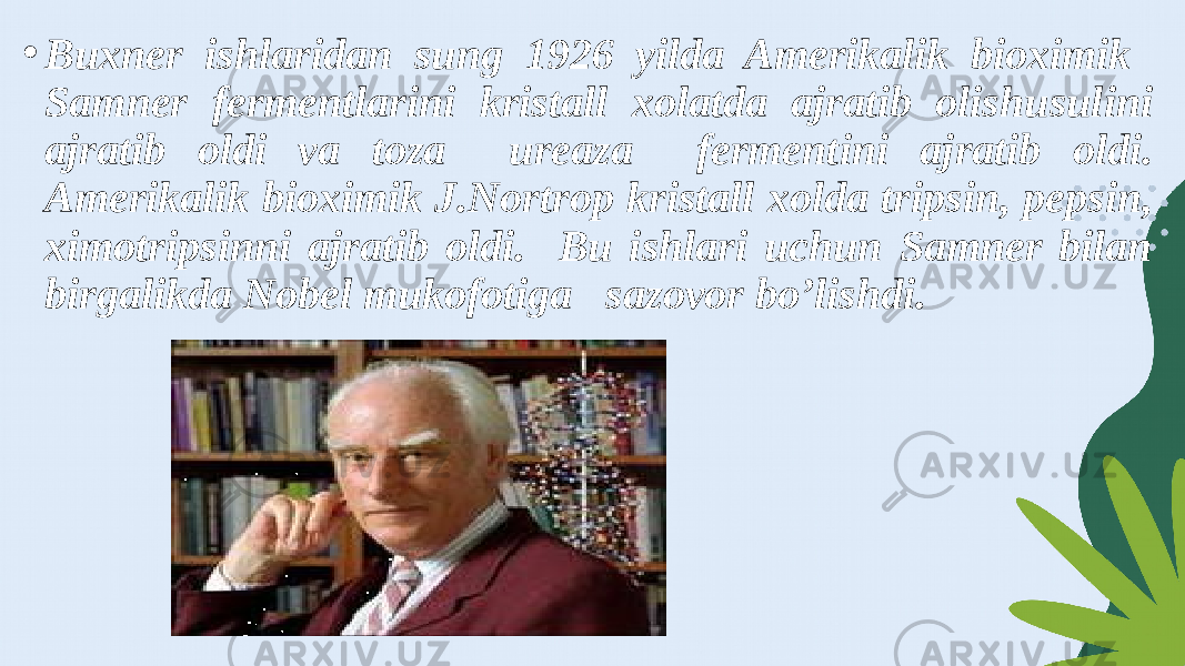 • Buxner ishlaridan sung 1926 yilda Amerikalik bioximik Samner fermentlarini kristall xolatda ajratib olishusulini ajratib oldi va toza ureaza fermentini ajratib oldi. Amerikalik bioximik J.Nortrop kristall xolda tripsin, pepsin, ximotripsinni ajratib oldi. Bu ishlari uchun Samner bilan birgalikda Nobel mukofotiga sazovor bo’lishdi. 