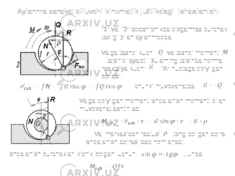  Aylanma xarakat qiluvchi kinematik juftlikdagi ishqalanish. “ 1” val “2” podshipnikda o’zgarmas burchak tezligi bilan aylanmoqda. Valga tashqi kuch va tashqi moment ta’sir qilayapti. Bularning ta’sirida normal reaktsiya kuchi “A” nuqtaga qo’yilgan bo’ladi. chunki muvozanatda Valga qo’yilgan moment ishqalanish momenti bilan muvozanatlashtiriladi Val markazidan radiusi teng bo’lgan doira ishqalanish doirasi deb nomlanadi. Ishqalanish burchaklari kichik bo’gani uchun , unda 