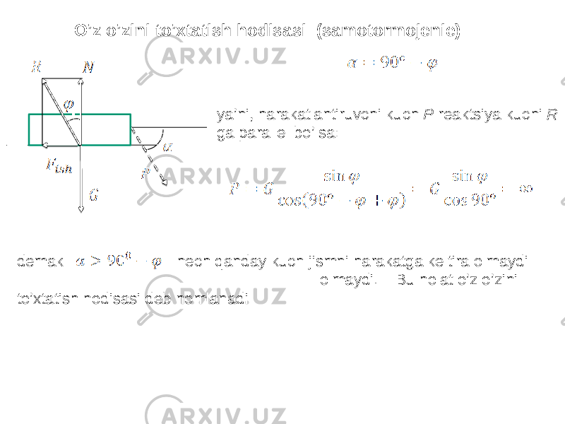 O’z o’zini to’xtatish hodisasi (samotormojenie) demak hech qanday kuch jismni harakatga keltira olmaydi olmaydi. Bu holat o’z o’zini to’xtatish hodisasi deb nomlanadi ya’ni, harakatlantiruvchi kuch P reaktsiya kuchi R ga parallel bo’lsa: 