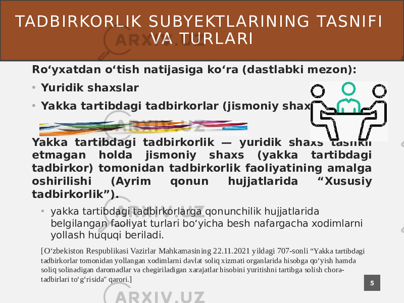 TA D B I R KO R L I K S U BY E KT L A R I N I N G TA S N I F I VA T U R L A R I Roʻyxatdan oʻtish natijasiga koʻra (dastlabki mezon): • Yuridik shaxslar • Yakka tartibdagi tadbirkorlar (jismoniy shaxslar) Yakka tartibdagi tadbirkorlik — yuridik shaxs tashkil etmagan holda jismoniy shaxs (yakka tartibdagi tadbirkor) tomonidan tadbirkorlik faoliyatining amalga oshirilishi (Ayrim qonun hujjatlarida “Xususiy tadbirkorlik”). • yakka tartibdagi tadbirkorlarga qonunchilik hujjatlarida belgilangan faoliyat turlari bo‘yicha besh nafargacha xodimlarni yollash huquqi beriladi. [Oʻzbekiston Respublikasi Vazirlar Mahkamasining 22.11.2021 yildagi 707-sonli “Yakka tartibdagi tadbirkorlar tomonidan yollangan xodimlarni davlat soliq xizmati organlarida hisobga qo‘yish hamda soliq solinadigan daromadlar va chegiriladigan xarajatlar hisobini yuritishni tartibga solish chora- tadbirlari to‘g‘risida&#34; qarori.] 5 