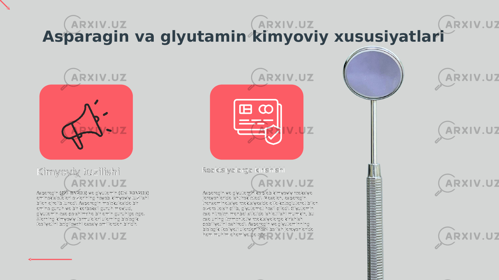 Asparagin va glyutamin kimyoviy xususiyatlari Asparagin (C4H8N2O3) va glyutamin (C5H10N2O3) aminokislotalari o&#39;zlarining noyob kimyoviy tuzilishi bilan ajralib turadi. Asparagin molekulasida bir amino guruh va bir karboksil guruh mavjud, glyutamin esa qo&#39;shimcha bir amin guruhiga ega. Ularning kimyoviy formulalari ularning biologik faoliyatini belgilovchi asosiy omillardan biridir. Asparagin va glyutamin ko&#39;plab kimyoviy reaksiya jarayonlarida ishtirok etadi. Masalan, asparagin transaminatsiya reaktsiyasida alfa-ketoglutarat bilan o&#39;zaro ta&#39;sir qilib, glyutamat hosil qiladi. Glyutamin esa nitrojen manbai sifatida ishlatilishi mumkin, bu esa uning fermentativ reaktsiyalarga kirishish qobiliyatini oshiradi. Asparagin va glyutaminning biologik faoliyati ulardan hosil bo&#39;lish jarayonlarida ham muhim ahamiyatga ega.Kimyoviy tuzilishi Reaktsiyalarga kirishishi 