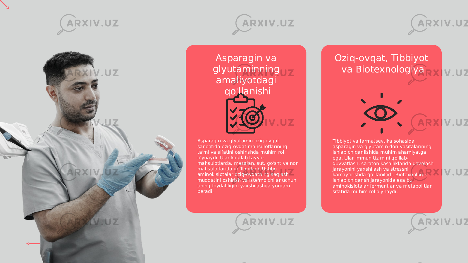 Asparagin va glyutaminning amaliyotdagi qo&#39;llanishi Oziq-ovqat, Tibbiyot va Biotexnologiya Asparagin va glyutamin oziq-ovqat sanoatida oziq-ovqat mahsulotlarining ta&#39;mi va sifatini oshirishda muhim rol o&#39;ynaydi. Ular ko&#39;plab tayyor mahsulotlarda, masalan, sut, go&#39;sht va non mahsulotlarida qo&#39;llaniladi. Ushbu aminokislotalar oziq-ovqatning saqlash muddatini oshirish va iste&#39;molchilar uchun uning foydaliligini yaxshilashga yordam beradi. Tibbiyot va farmatsevtika sohasida asparagin va glyutamin dori vositalarining ishlab chiqarilishida muhim ahamiyatga ega. Ular immun tizimini qo&#39;llab- quvvatlash, saraton kasalliklarida davolash jarayonini yaxshilash va stressni kamaytirishda qo&#39;llaniladi. Biotexnologik ishlab chiqarish jarayonida esa bu aminokislotalar fermentlar va metabolitlar sifatida muhim rol o&#39;ynaydi. 