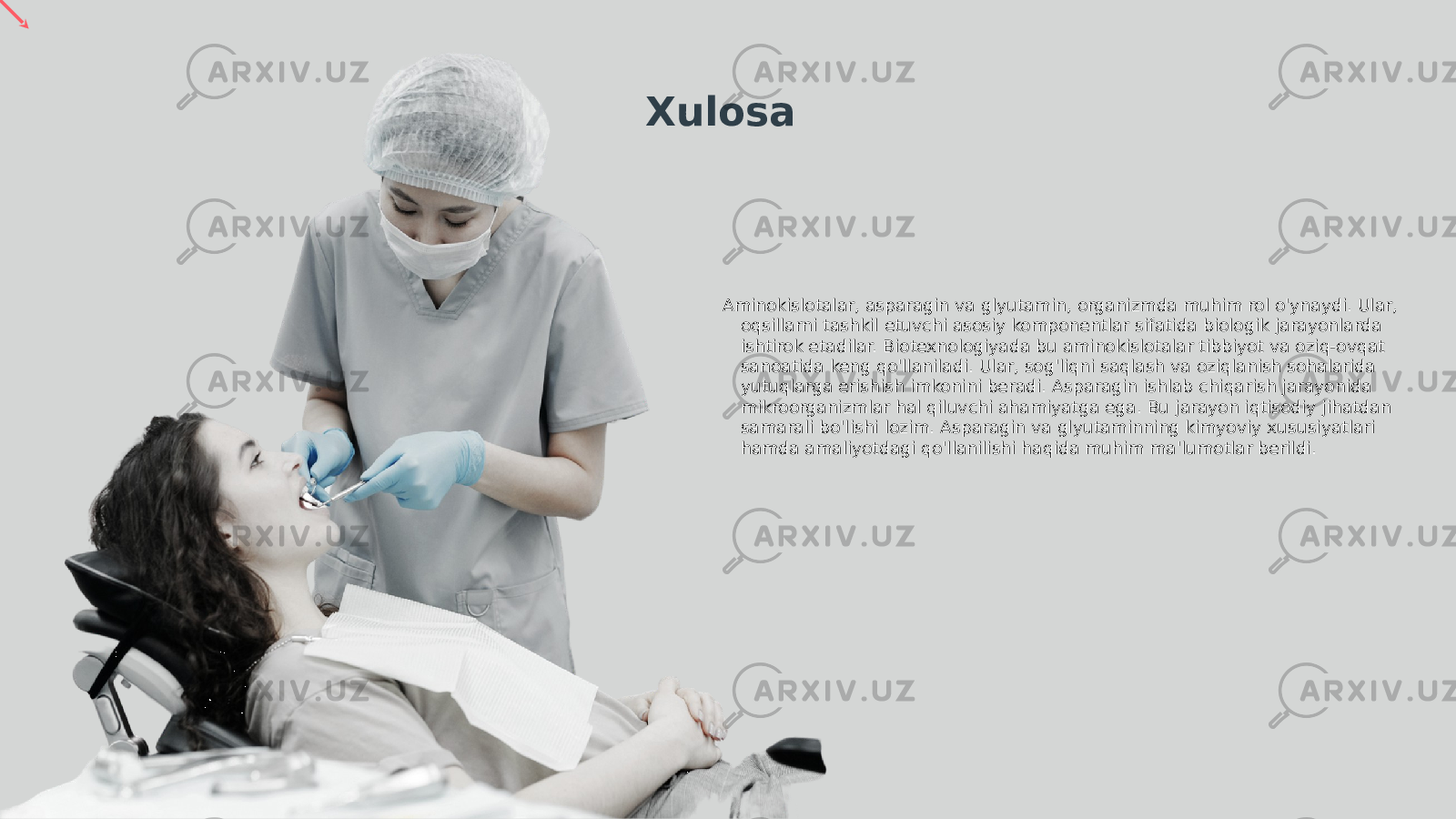 Aminokislotalar, asparagin va glyutamin, organizmda muhim rol o&#39;ynaydi. Ular, oqsillarni tashkil etuvchi asosiy komponentlar sifatida biologik jarayonlarda ishtirok etadilar. Biotexnologiyada bu aminokislotalar tibbiyot va oziq-ovqat sanoatida keng qo&#39;llaniladi. Ular, sog&#39;liqni saqlash va oziqlanish sohalarida yutuqlarga erishish imkonini beradi. Asparagin ishlab chiqarish jarayonida mikroorganizmlar hal qiluvchi ahamiyatga ega. Bu jarayon iqtisodiy jihatdan samarali bo&#39;lishi lozim. Asparagin va glyutaminning kimyoviy xususiyatlari hamda amaliyotdagi qo&#39;llanilishi haqida muhim ma&#39;lumotlar berildi.Xulosa 
