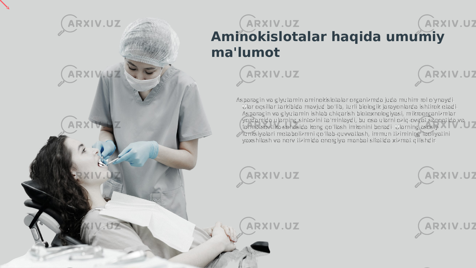 Asparagin va glyutamin aminokislotalar organizmda juda muhim rol o&#39;ynaydi. Ular oqsillar tarkibida mavjud bo&#39;lib, turli biologik jarayonlarda ishtirok etadi. Asparagin va glyutamin ishlab chiqarish biotexnologiyasi, mikroorganizmlar yordamida ularning sintezini ta&#39;minlaydi, bu esa ularni oziq-ovqat sanoatida va farmatsevtika sohasida keng qo&#39;llash imkonini beradi. Ularning asosiy funksiyalari metabolizmni qo&#39;llab-quvvatlash, immun tizimining faoliyatini yaxshilash va nerv tizimida energiya manbai sifatida xizmat qilishdir.Aminokislotalar haqida umumiy ma&#39;lumot 