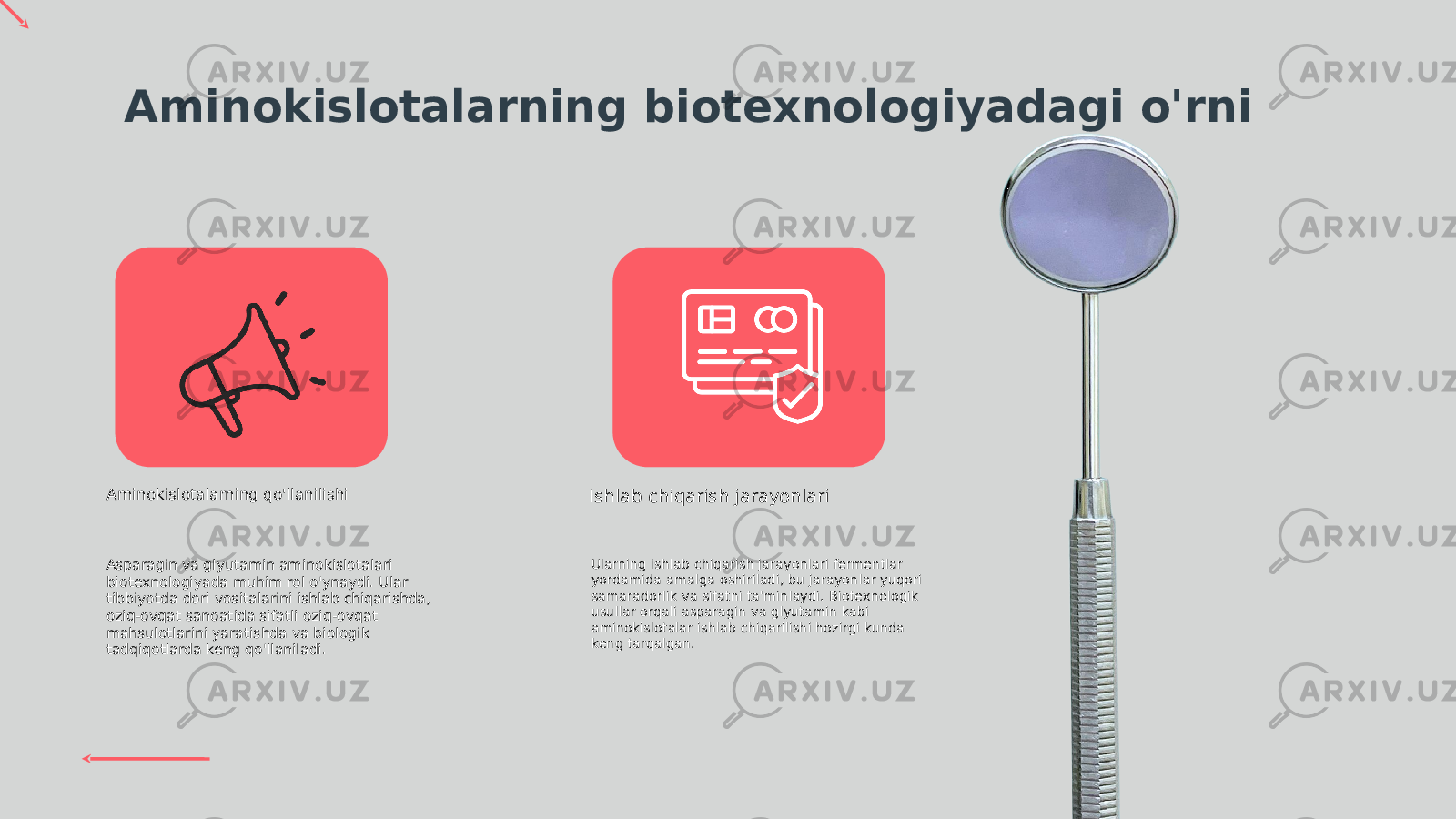 Aminokislotalarning biotexnologiyadagi o&#39;rni Asparagin va glyutamin aminokislotalari biotexnologiyada muhim rol o&#39;ynaydi. Ular tibbiyotda dori vositalarini ishlab chiqarishda, oziq-ovqat sanoatida sifatli oziq-ovqat mahsulotlarini yaratishda va biologik tadqiqotlarda keng qo&#39;llaniladi. Ularning ishlab chiqarish jarayonlari fermentlar yordamida amalga oshiriladi, bu jarayonlar yuqori samaradorlik va sifatni ta&#39;minlaydi. Biotexnologik usullar orqali asparagin va glyutamin kabi aminokislotalar ishlab chiqarilishi hozirgi kunda keng tarqalgan.Aminokislotalarning qo&#39;llanilishi Ishlab chiqarish jarayonlari 