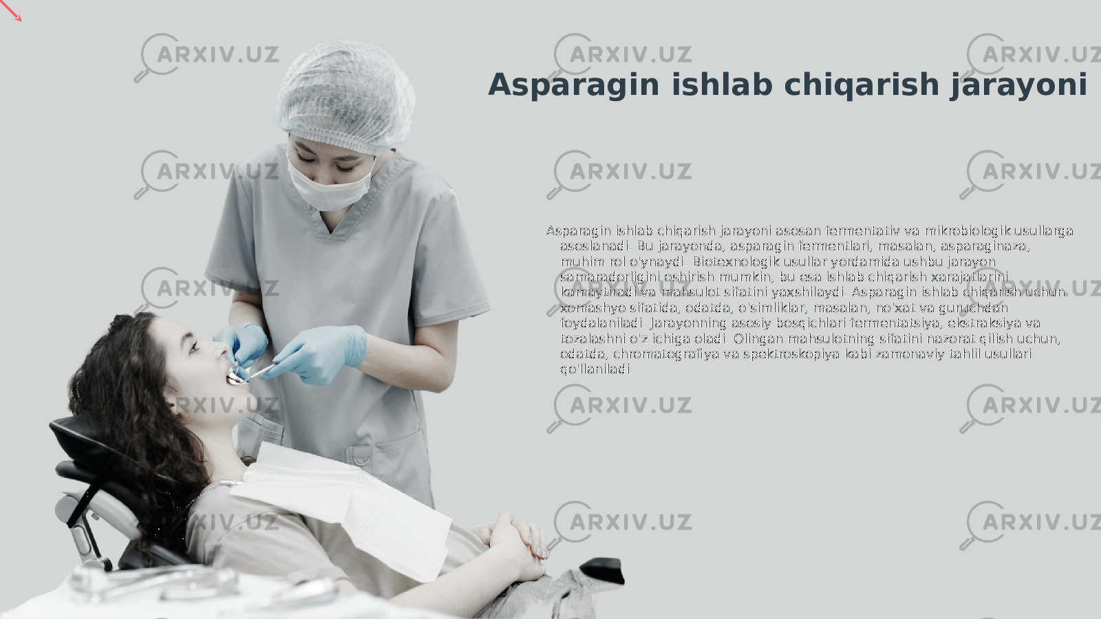 Asparagin ishlab chiqarish jarayoni asosan fermentativ va mikrobiologik usullarga asoslanadi. Bu jarayonda, asparagin fermentlari, masalan, asparaginaza, muhim rol o&#39;ynaydi. Biotexnologik usullar yordamida ushbu jarayon samaradorligini oshirish mumkin, bu esa ishlab chiqarish xarajatlarini kamaytiradi va mahsulot sifatini yaxshilaydi. Asparagin ishlab chiqarish uchun xomashyo sifatida, odatda, o&#39;simliklar, masalan, no&#39;xat va guruchdan foydalaniladi. Jarayonning asosiy bosqichlari fermentatsiya, ekstraksiya va tozalashni o&#39;z ichiga oladi. Olingan mahsulotning sifatini nazorat qilish uchun, odatda, chromatografiya va spektroskopiya kabi zamonaviy tahlil usullari qo&#39;llaniladi.Asparagin ishlab chiqarish jarayoni 