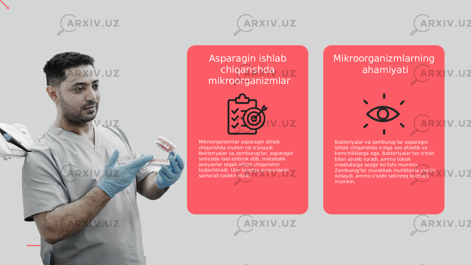 Asparagin ishlab chiqarishda mikroorganizmlar Mikroorganizmlarning ahamiyati Mikroorganizmlar asparagin ishlab chiqarishda muhim rol o&#39;ynaydi. Bakteriyalar va zamburug&#39;lar, asparagin sintezida faol ishtirok etib, metabolik jarayonlar orqali ishlab chiqarishni tezlashtiradi. Ular bunday jarayonlarni samarali tashkil etadi. Bakteriyalar va zamburug&#39;lar asparagin ishlab chiqarishda o&#39;ziga xos afzallik va kamchiliklarga ega. Bakteriyalar tez o&#39;sish bilan ajralib turadi, ammo toksik moddalarga sezgir bo&#39;lishi mumkin. Zamburug&#39;lar murakkab muhitlarda yaxshi ishlaydi, ammo o&#39;sishi sekinroq kechishi mumkin. 
