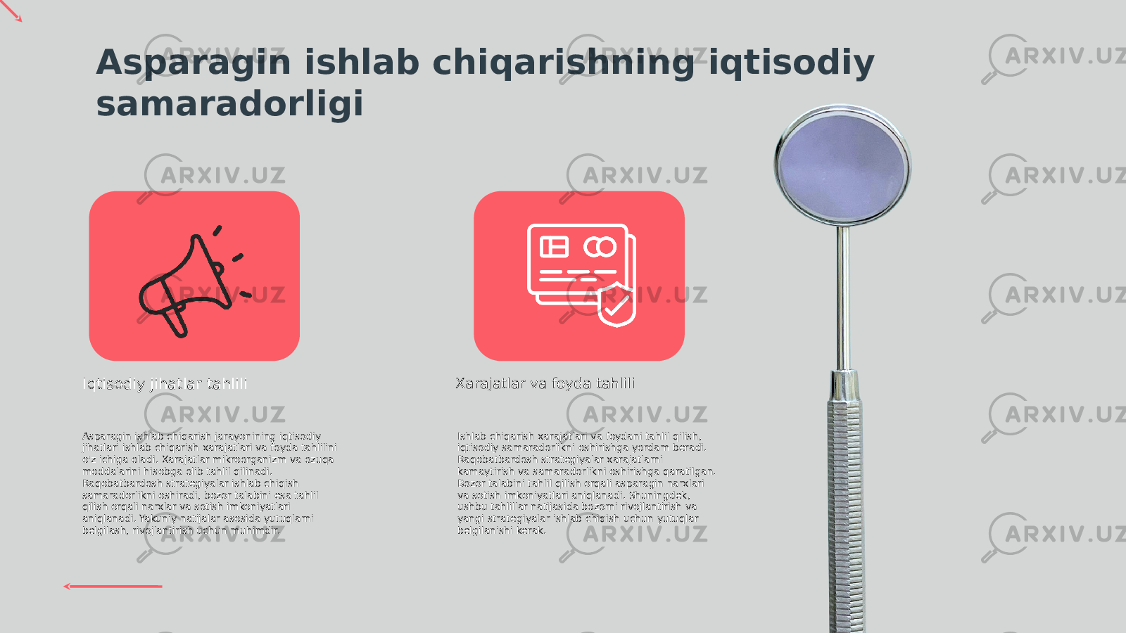 Asparagin ishlab chiqarishning iqtisodiy samaradorligi Asparagin ishlab chiqarish jarayonining iqtisodiy jihatlari ishlab chiqarish xarajatlari va foyda tahlilini o&#39;z ichiga oladi. Xarajatlar mikroorganizm va ozuqa moddalarini hisobga olib tahlil qilinadi. Raqobatbardosh strategiyalar ishlab chiqish samaradorlikni oshiradi, bozor talabini esa tahlil qilish orqali narxlar va sotish imkoniyatlari aniqlanadi. Yakuniy natijalar asosida yutuqlarni belgilash, rivojlantirish uchun muhimdir. Ishlab chiqarish xarajatlari va foydani tahlil qilish, iqtisodiy samaradorlikni oshirishga yordam beradi. Raqobatbardosh strategiyalar xarajatlarni kamaytirish va samaradorlikni oshirishga qaratilgan. Bozor talabini tahlil qilish orqali asparagin narxlari va sotish imkoniyatlari aniqlanadi. Shuningdek, ushbu tahlillar natijasida bozorni rivojlantirish va yangi strategiyalar ishlab chiqish uchun yutuqlar belgilanishi kerak.Iqtisodiy jihatlar tahlili Xarajatlar va foyda tahlili 