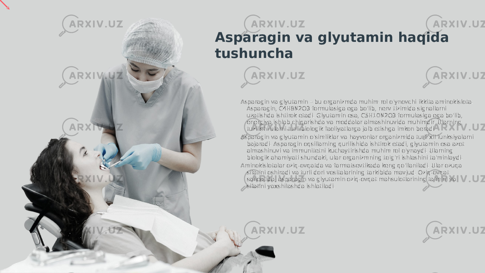 Asparagin va glyutamin – bu organizmda muhim rol o&#39;ynovchi ikkita aminokislota. Asparagin, C4H8N2O3 formulasiga ega bo&#39;lib, nerv tizimida signallarni uzatishda ishtirok etadi. Glyutamin esa, C5H10N2O3 formulasiga ega bo&#39;lib, energiya ishlab chiqarishda va moddalar almashinuvida muhimdir. Ularning tuzilishi ularni turli biologik faoliyatlarga jalb etishga imkon beradi. Asparagin va glyutamin o&#39;simliklar va hayvonlar organizmida turli xil funksiyalarni bajaradi. Asparagin oqsillarning qurilishida ishtirok etadi, glyutamin esa azot almashinuvi va immunitetni kuchaytirishda muhim rol o&#39;ynaydi. Ularning biologik ahamiyati shundaki, ular organizmning to&#39;g&#39;ri ishlashini ta&#39;minlaydi. Aminokislotalar oziq-ovqatda va farmatsevtikada keng qo&#39;llaniladi. Ular ozuqa sifatini oshiradi va turli dori vositalarining tarkibida mavjud. Oziq-ovqat sanoatida, asparagin va glyutamin oziq-ovqat mahsulotlarining ta&#39;mini va sifatini yaxshilashda ishlatiladi.Asparagin va glyutamin haqida tushuncha 