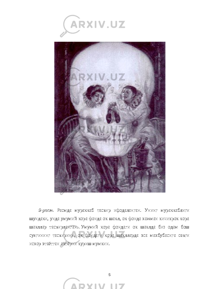 9-расм. Расмда мураккаб тасвир ифодаланган. Унинг мураккаблиги шундаки, унда умумий кора фонда ок шакл, ок фонда хажман кичикрок кора шакллар тасвирланган. Умумий кора фондаги ок шаклда биз одам бош суягининг тасвирини, ок фондаги кора шаклларда эса махбубасига севги исхор этаётган актёрни куриш мумкин. 8 