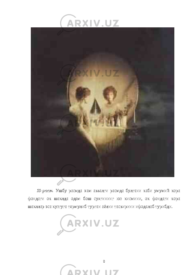 10-расм. Ушбу расмда хам аввалги расмда булгани каби умумий кора фондаги ок шаклда одам бош суягининг юз кисмини, ок фондаги кора шакллар эса кузгуга термулиб турган аёлни тасвирини ифодалаб турибди. 9 