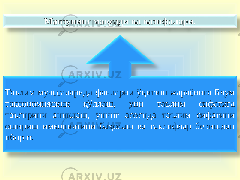 Мавзунинг мақсади ва вазифалари. Таълим муассаларида фанларни ўқитиш жараёнига Блум таксономиясини қўллаш, уни таълим сифатига таъсирини аниқлаш, унинг асосида таълим сифатини ошириш имкониятини баҳолаш ва таклифлар беришдан иборат. 