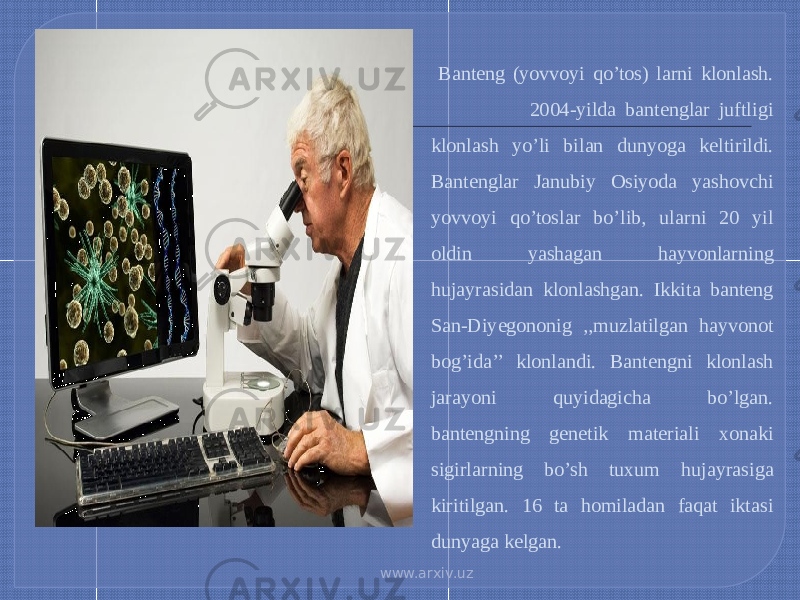  Banteng (yovvoyi qo’tos) larni klonlash. 2004-yilda bantenglar juftligi klonlash yo’li bilan dunyoga keltirildi. Bantenglar Janubiy Osiyoda yashovchi yovvoyi qo’toslar bo’lib, ularni 20 yil oldin yashagan hayvonlarning hujayrasidan klonlashgan. Ikkita banteng San-Diyegononig ,,muzlatilgan hayvonot bog’ida’’ klonlandi. Bantengni klonlash jarayoni quyidagicha bo’lgan. bantengning genetik materiali xonaki sigirlarning bo’sh tuxum hujayrasiga kiritilgan. 16 ta homiladan faqat iktasi dunyaga kelgan. www.arxiv.uz 