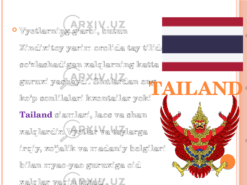  Vyetlarning g’arbi, butun Xindixitoy yarim orolida tay tilida so’zlashadigan xalqlarning katta guruxi yashaydi. Shulardan eng ko’p sonlilalari kxontailar yoki Tailand siamlari, laos va shan xalqlardir. Vyetlar va taylarga irqiy, xo’jalik va madaniy belgilari bilan myao-yao guruxiga oid xalqlar yaqin turadi. TAILAND 