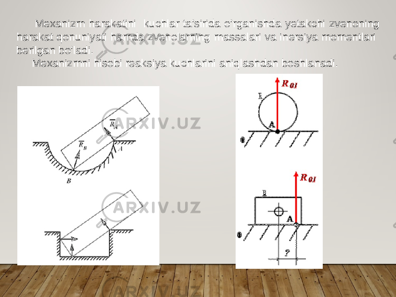  Mexanizm harakatini kuchlar ta’sirida o’rganishda yetakchi zvenoning harakat qonuniyati hamda zvenolarning massalari va inersiya momentlari berilgan bo’ladi. Mexanizmni hisobi reaksiya kuchlarini aniqlashdan boshlanadi. 