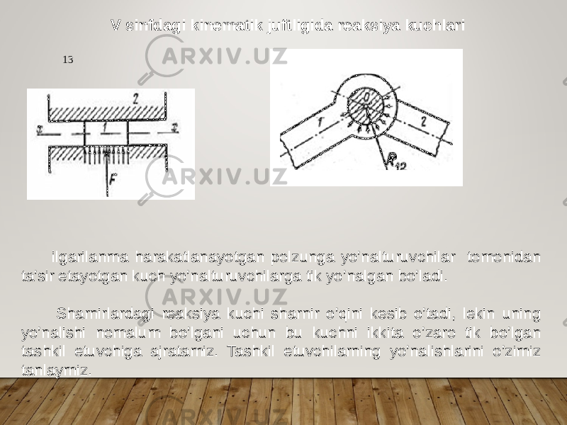 13 V sinfdagi kinematik juftligida reaksiya kuchlari ilgarilanma harakatlanayotgan polzunga yo’nalturuvchilar tomonidan ta’sir etayotgan kuch yo’nalturuvchilarga tik yo’nalgan bo’ladi. Sharnirlardagi reaksiya kuchi sharnir o’qini kesib o’tadi, lekin uning yo’nalishi nomalum bo’lgani uchun bu kuchni ikkita o’zaro tik bo’lgan tashkil etuvchiga ajratamiz. Tashkil etuvchilarning yo’nalishlarini o’zimiz tanlaymiz. 