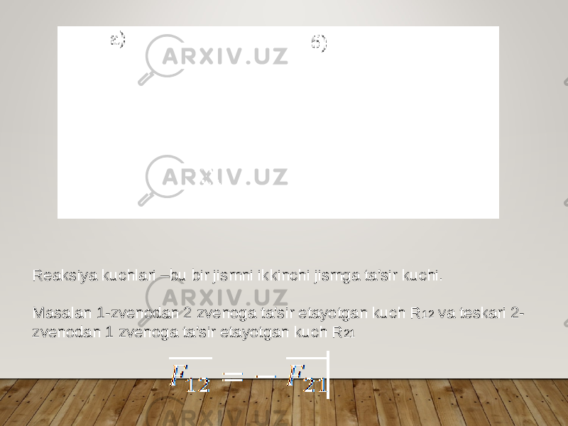 15 Reaksiya kuchlari –bu bir jismni ikkinchi jismga ta’sir kuchi. Masalan 1-zvenodan 2 zvenoga ta’sir etayotgan kuch R 12 va teskari 2- zvenodan 1 zvenoga ta’sir etayotgan kuch R 21 