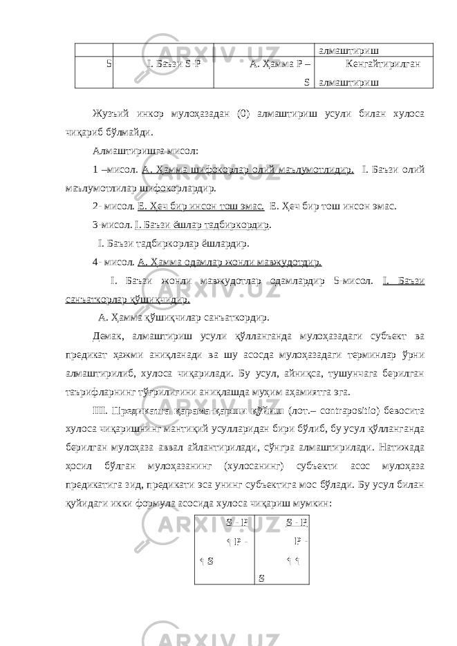 алмаштириш 5 I. Баъзи S-P А. Ҳамма P – S Кенгайтирилган алмаштириш Жузъий инкор мулоҳазадан (0) алмаштириш усули билан хулоса чиқариб бўлмайди. Алмаштиришга мисол: 1 –мисол. А. Ҳамма шифокорлар олий маълумотлидир. I. Баъзи олий маълумотлилар шифокорлардир. 2- мисол. Е. Ҳеч бир инсон тош эмас. Е. Ҳеч бир тош инсон эмас. 3-мисол. I. Баъзи ёшлар тадбиркордир . I. Баъзи тадбиркорлар ёшлардир. 4- мисол. А. Ҳамма одамлар жонли мавжудотдир. I. Баъзи жонли мавжудотлар одамлардир 5-мисол. I. Баъзи санъаткорлар қўшиқчидир. А. Ҳамма қўшиқчилар санъаткордир. Демак, алмаштириш усули қўлланганда мулоҳазадаги субъект ва предикат ҳажми аниқланади ва шу асосда мулоҳазадаги терминлар ўрни алмаштирилиб, хулоса чиқарилади. Бу усул, айниқса, тушунчага берилган таърифларнинг тўғрилигини аниқлашда муҳим аҳамиятга эга. III . Предикатга қарама-қарши қўйиш (лот.– contrapositio) бевосита хулоса чиқаришнинг мантиқий усулларидан бири бўлиб, бу усул қўлланганда берилган мулоҳаза аввал айлантирилади, сўнгра алмаштирилади. Натижада ҳосил бўлган мулоҳазанинг (хулосанинг) субъекти асос мулоҳаза предикатига зид, предикати эса унинг субъектига мос бўлади. Бу усул билан қуйидаги икки формула асосида хулоса чиқариш мумкин: S - P ↰ P - ↰ S S - P P - ↰ ↰ S 