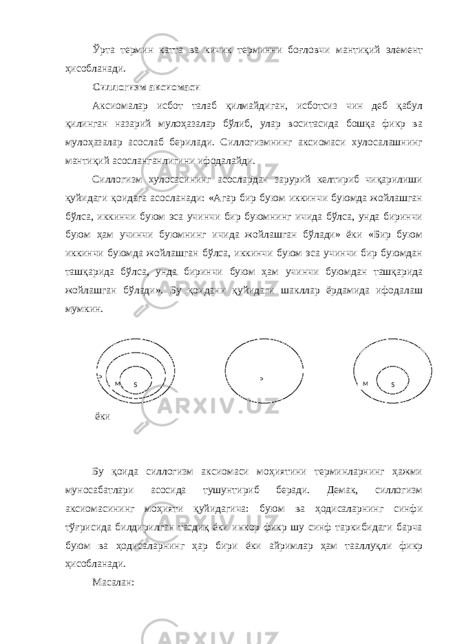 Ўрта термин катта ва кичик терминни боғловчи мантиқий элемент ҳисобланади. Силлогизм аксиомаси Аксиомалар исбот талаб қилмайдиган, исботсиз чин деб қабул қилинган назарий мулоҳазалар бўлиб, улар воситасида бошқа фикр ва мулоҳазалар асослаб берилади. Силлогизмнинг аксиомаси хулосалашнинг мантиқий асосланганлигини ифодалайди. Силлогизм хулосасининг асослардан зарурий келтириб чиқарилиши қуйидаги қоидага асосланади: «Агар бир буюм иккинчи буюмда жойлашган бўлса, иккинчи буюм эса учинчи бир буюмнинг ичида бўлса, унда биринчи буюм ҳам учинчи буюмнинг ичида жойлашган бўлади» ёки «Бир буюм иккинчи буюмда жойлашган бўлса, иккинчи буюм эса учинчи бир буюмдан ташқарида бўлса, унда биринчи буюм ҳам учинчи буюмдан ташқарида жойлашган бўлади». Бу қоидани қуйидаги шакллар ёрдамида ифодалаш мумкин. ёки Бу қоида силлогизм аксиомаси моҳиятини терминларнинг ҳажми муносабатлари асосида тушунтириб беради. Демак, силлогизм аксиомасининг моҳияти қуйидагича: буюм ва ҳодисаларнинг синфи тўғрисида билдирилган тасдиқ ёки инкор фикр шу синф таркибидаги барча буюм ва ҳодисаларнинг ҳар бири ёки айримлар ҳам тааллуқли фикр ҳисобланади. Масалан: S M P S P M 