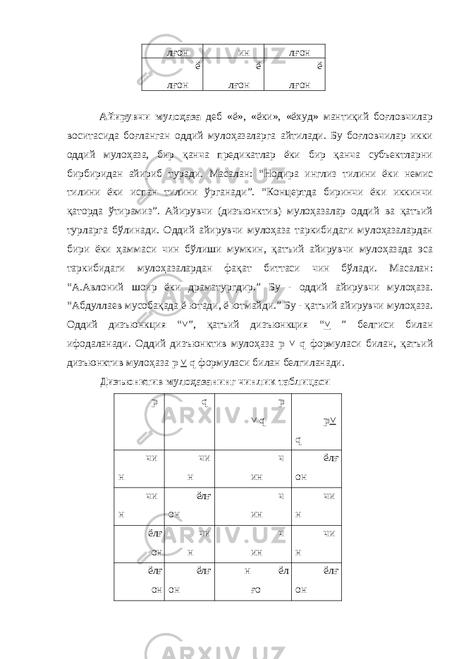 лғон ин лғон ё лғон ё лғон ё лғон Айирувчи мулоҳаза деб «ё», «ёки», «ёхуд» мантиқий боғловчилар воситасида боғланган оддий мулоҳазаларга айтилади. Бу боғловчилар икки оддий мулоҳаза, бир қанча предикатлар ёки бир қанча субъектларни бирбиридан айириб туради. Масалан: “Нодира инглиз тилини ёки немис тилини ёки испан тилини ўрганади”. “Концертда биринчи ёки иккинчи қаторда ўтирамиз”. Айирувчи (дизъюнктив) мулоҳазалар оддий ва қатъий турларга бўлинади. Оддий айирувчи мулоҳаза таркибидаги мулоҳазалардан бири ёки ҳаммаси чин бўлиши мумкин, қатъий айирувчи мулоҳазада эса таркибидаги мулоҳазалардан фақат биттаси чин бўлади. Масалан: “А.Авлоний шоир ёки драматургдир.” Бу - оддий айирувчи мулоҳаза. “Абдуллаев мусобақада ё ютади, ё ютмайди.” Бу - қатъий айирувчи мулоҳаза. Оддий дизъюнкция “ ˅ ”, қатъий дизъюнкция “ ˅ ” белгиси билан ифодаланади. Оддий дизъюнктив мулоҳаза p ˅ q формуласи билан, қатъий дизъюнктив мулоҳаза p ˅ q формуласи билан белгиланади. Дизъюнктив мулоҳазанинг чинлик таблицаси p q p ˅ q p ˅ q чи н чи н ч ин ёлғ он чи н ёлғ он ч ин чи н ёлғ он чи н ч ин чи н ёлғ он ёлғ он н ёл ғо ёлғ он 