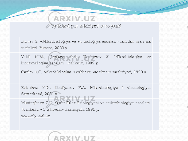 Foydalanilgan adabiyotlar ro’yxati       Buriev S. «Mikrobiologiya va virusologiya asoslari» fanidan ma‘ruza matnlari. Buxoro, 2000 y.     Vakil M.M., Jarikova G.G., Xoshimov X. Mikrobiologiya va biotexnologiya asoslari. Toshkent, 1999 y.     Gariev B.G. Mikrobiologiya. Toshkent, «Mehnat» nashriyoti, 1990 y.     Kabulova F.D., Keldiyarov X.A. Mikrobiologiya i virusologiya. Samarkand, 2001 y.     Mustaqimov G.D. O’simliklar fiziologiyasi va mikrobiologiya asoslari. Toshkent, «O’qituvchi» nashriyoti, 1995 y. www.ziyonet.uz     