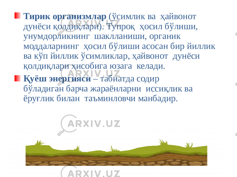 Тирик организмлар (ўсимлик ва ҳайвонот дунёси қолдиқлари). Тупроқ ҳосил бўлиши, унумдорликнинг шаклланиши, органик моддаларнинг ҳосил бўлиши асосан бир йиллик ва кўп йиллик ўсимликлар, ҳайвонот дунёси қолдиқлари ҳисобига юзага келади. Қуёш энергияси – табиатда содир бўладиган барча жараёнларни иссиқлик ва ёруғлик билан таъминловчи манбадир. 