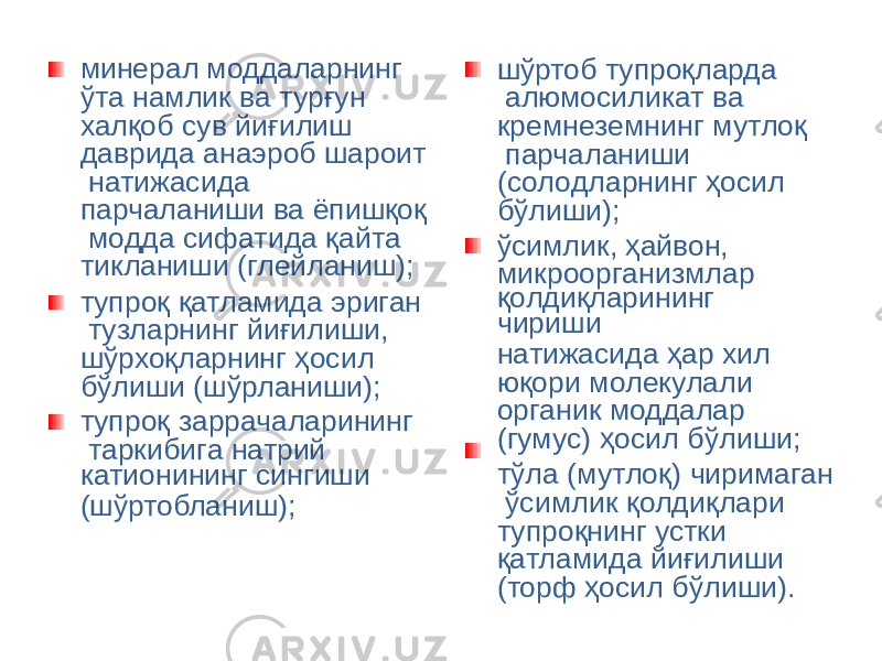 минерал моддаларнинг ўта намлик ва турғун халқоб сув йиғилиш даврида анаэроб шароит натижасида парчаланиши ва ёпишқоқ модда сифатида қайта тикланиши (глейланиш); тупроқ қатламида эриган тузларнинг йиғилиши, шўрхоқларнинг ҳосил бўлиши (шўрланиши); тупроқ заррачаларининг таркибига натрий катионининг сингиши (шўртобланиш); шўртоб тупроқларда алюмосиликат ва кремнеземнинг мутлоқ парчаланиши (солодларнинг ҳосил бўлиши); ўсимлик, ҳайвон, м и кроорга н и з м л ар қолдиқларининг чириши натижасида ҳар хил юқори молекулали органик моддалар (гумус) ҳосил бўлиши; тўла (мутлоқ) чиримаган ўсимлик қолдиқлари тупроқнинг устки қатламида йиғилиши (торф ҳосил бўлиши). 