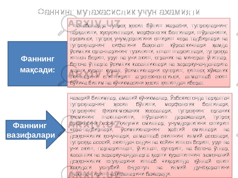 Фаннинг мутахасислик учун ахамияти Фаннинг мақсади: Фаннинг вазифалари талабаларда тупроқ ҳосил бўлиш жараёни, тупроқларнинг тарқалиши, хусусиятлари, морфологик белгилари, шўрланиши, эрозияси, тупроқ унумдорлигини ошириш чора тадбирлари ва тупроқларнинг сифатини баҳолаш кўрсаткичлари ҳамда ўсимлик органларининг тузилиши, яшаш шароитлари, тупроққа ишлов бериш, уруғ ва уни экиш, ограник ва минерал ўғитлар, бегона ўтларга ўсимлик касалликлари ва зараркунандаларига қарши кураш кураш, ўсимликларни суғориш, қишлоқ хўжалик экинларини етиштириш агротехнологияси, алмашлаб экиш бўйича билим ва кўникмасини ҳосил қилишдан иборат. назарий билимлар, амалий кўникмалар, Ўзбекистонда тарқалган тупроқларнинг ҳосил бўлиши, морфологик белгилари, тупроқнинг физик-механик хоссалари, тупроқнинг органик қисмининг шаклланиши, шўрланиш даражалари, тупроқ эрозиясини ҳосил қилувчи омиллар, унумдорлигини ошириш чора-тадбирлари, ўсимликларнинг ҳаётий омиллари ва деҳқончилик қонунлари, алмашлаб экишнинг илмий асослари, тупроққа асосий, экишдан олдин ва кейин ишлов бериш, уруғ ва уни экиш, парваришлаш, ўғитлаш, суғориш, ва бегона ўтлар, касаллик ва зараркунандаларга қарши курашишнинг замонавий деҳқончилик ютуқларини ишлаб чиқаришда қўллай олиш ҳақидаги услубий ёндошув ва илмий дунёқарашини шакллантириш вазифаларини бажаради.0D 17 17 23 17 10 0B 1B 060F04 23 1B 08 17 17 060B 23 19 1C 17 0208 0C 1C 1D0F06 07 