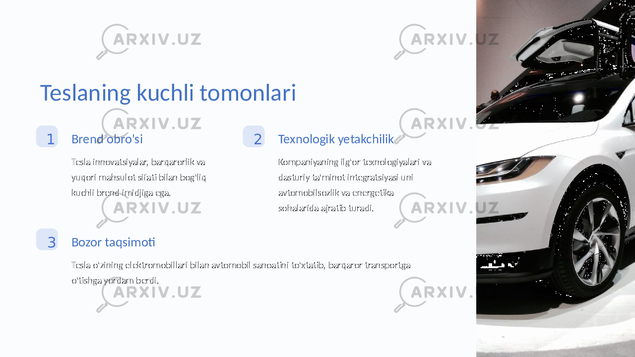 Teslaning kuchli tomonlari 1 Brend obro&#39;si Tesla innovatsiyalar, barqarorlik va yuqori mahsulot sifati bilan bog&#39;liq kuchli brend imidjiga ega. 2 Texnologik yetakchilik Kompaniyaning ilg&#39;or texnologiyalari va dasturiy ta&#39;minot integratsiyasi uni avtomobilsozlik va energetika sohalarida ajratib turadi. 3 Bozor taqsimoti Tesla o&#39;zining elektromobillari bilan avtomobil sanoatini to&#39;xtatib, barqaror transportga o&#39;tishga yordam berdi. 