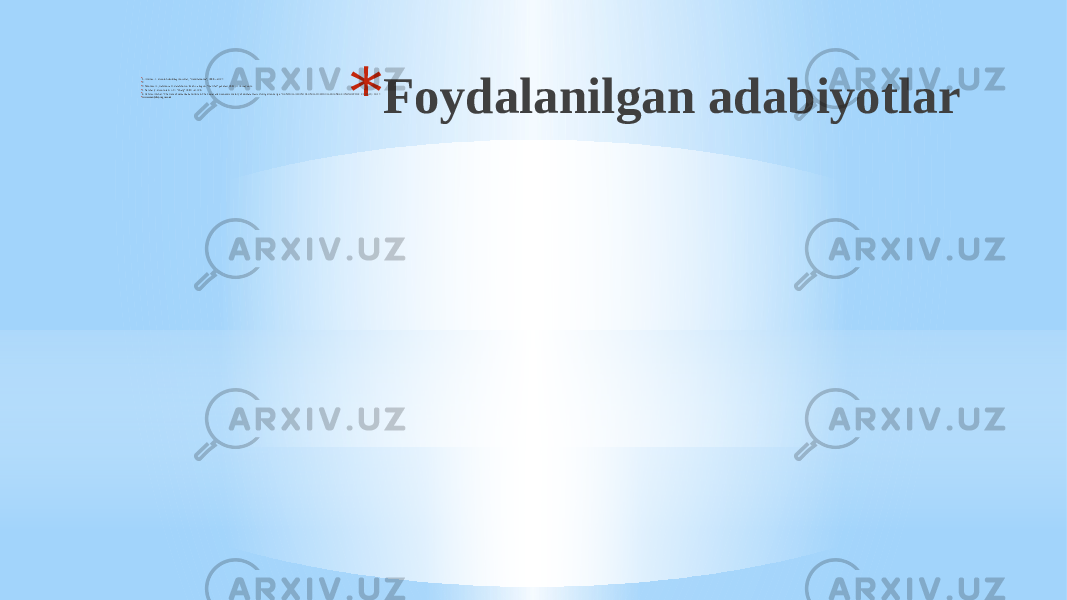 * Foydalanilgan adabiyotlar* 1 . Am inov. I . Buxoro hududidagi zovurl ar, “Romi tannom a”, 1999. –B.127. * 2. * 3. Nizomov A., Rahi mova G. Zarafshon: o’tm ish va bugun. “Ma’rifat” gazetasi , 2001 yil 15 may soni. * 4. Narshaxiy. Buxoro tarixi .-T.: “Sharq” 1993. –B. 120. * 5. Ochilov Alisher. &#34;The Rol e of Zamanbaba Cult ure in The Social and Econom ic History of Bukhara Oasis During Bronze Age.&#34; CENTRAL ASIAN JOURNAL OF SOCIAL SCIENCES AND HISTORY 2.4 (2021): 42-47. * www.scienti ficprogress.uz 