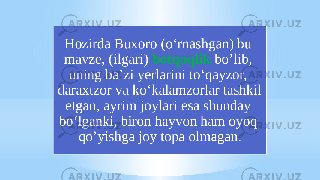 Hozirda Buxoro (o‘rnashgan) bu mavze, (ilgari) botqoqlik boʼlib, uning baʼzi yerlarini to‘qayzor, daraxtzor va ko‘kalamzorlar tashkil etgan, ayrim joylari esa shunday bo‘lganki, biron hayvon ham oyoq qoʼyishga joy topa olmagan. 