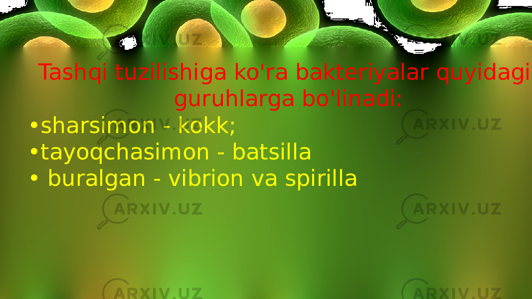 Tashqi tuzilishiga ko&#39;ra bakteriyalar quyidagi guruhlarga bo&#39;linadi: • sharsimon - kokk; • tayoqchasimon - batsilla • buralgan - vibrion va spirilla 