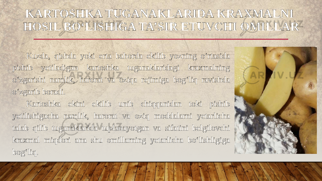 KARTOSHKA TUGANAKLARIDA KRAXMALNI HOSIL BO‘LISHIGA TA’SIR ETUVCHI OMILLAR Kuzda, qishda yoki erta bahorda ekilib yozning o‘rtasida pishib yetiladigan kartoshka tuganaklaridagi kraxmalning o‘zgarishi namlik, harorat va oziqa rejimiga bog‘liq ravishda o‘zgarib boradi. Kartoshka ekini ekilib unib chiqqanidan toki pishib yetilishigacha namlik, harorat va oziq moddalarni yetarlicha talab qilib tuganaklarida tuplanayotgan va sifatini belgilovchi kraxmal miqdori ana shu omillarning yetarlicha bo‘lishligiga bog‘liq. 