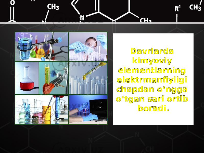 Davrlarda kimyoviy elementlarning elektrmanfiyligi chapdan o‘ngga o‘tgan sari ortib boradi. 