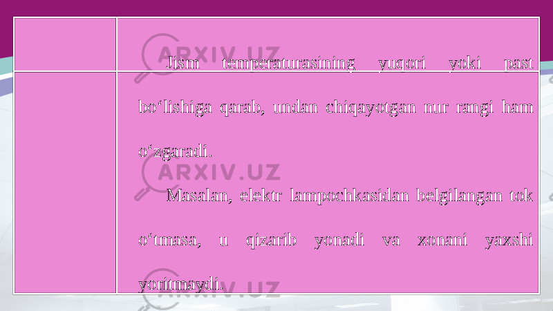 Jism temperaturasining yuqori yoki past bo‘lishiga qarab, undan chiqayotgan nur rangi ham o‘zgaradi. Masalan, elektr lampochkasidan belgilangan tok o‘tmasa, u qizarib yonadi va xonani yaxshi yoritmaydi. 