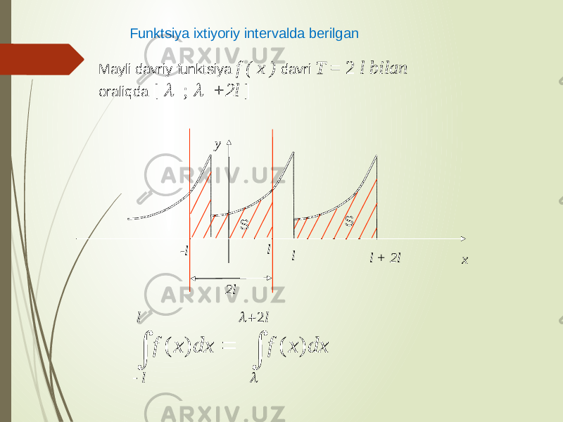 l xy 2l S S -l l l + 2lFunktsiya ixtiyoriy intervalda berilgan Mayli davriy funktsiya f ( x ) davri T = 2 l bilan oraliqda [ l ; l +2l ]      l l l dxxfdxxf 2 )()( l l 