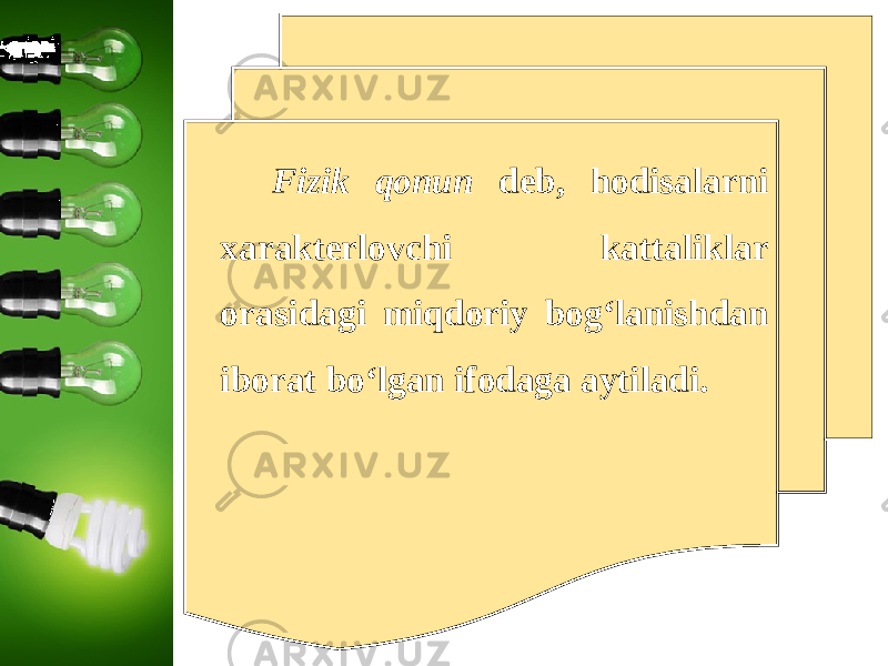 Fizik qonun deb, hodisalarni xarakterlovchi kattaliklar orasidagi miqdoriy bog‘lanishdan iborat bo‘lgan ifodaga aytiladi. 