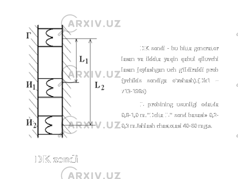 DK zondi DK zondi - bu bitta generator lasan va ikkita yaqin qabul qiluvchi lasan joylashgan uch g&#39;ildirakli prob ( ychikiz zondiga o&#39;xshash).(Dk1 – 713-1985) L probining uzunligi odatda 0,8-1,0 m.&#34;Delta L&#34; zond bazasi» 0,2- 0,3 m.Ishlash chastotasi 40-60 mgts. 