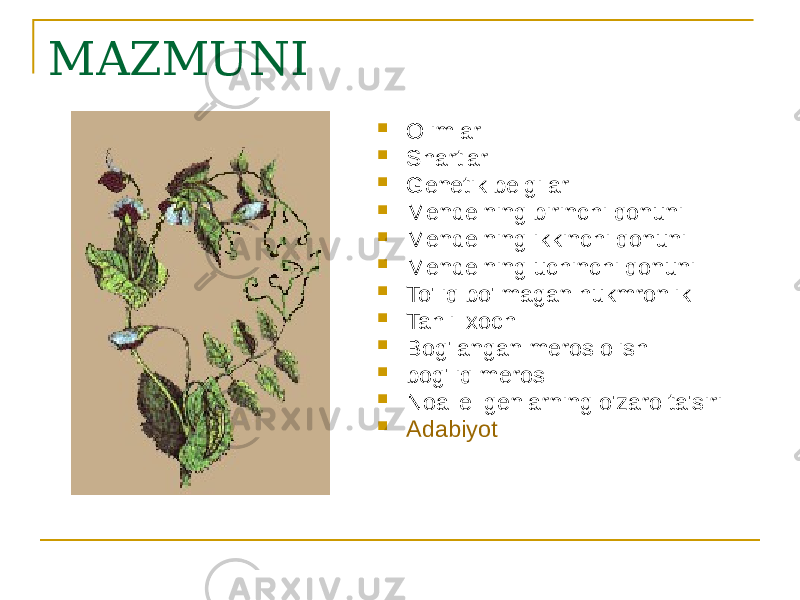 MAZMUNI  Olimlar  Shartlar  Genetik belgilar  Mendelning birinchi qonuni  Mendelning ikkinchi qonuni  Mendelning uchinchi qonuni  To&#39;liq bo&#39;lmagan hukmronlik  Tahlil xoch  Bog&#39;langan meros olish  bog&#39;liq meros  Noallel genlarning o&#39;zaro ta&#39;siri  Adabiyot 