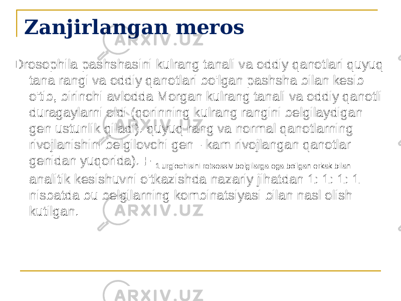 Zanjirlangan meros Drosophila pashshasini kulrang tanali va oddiy qanotlari quyuq tana rangi va oddiy qanotlari bo&#39;lgan pashsha bilan kesib o&#39;tib, birinchi avlodda Morgan kulrang tanali va oddiy qanotli duragaylarni oldi (qorinning kulrang rangini belgilaydigan gen ustunlik qiladi). quyuq rang va normal qanotlarning rivojlanishini belgilovchi gen - kam rivojlangan qanotlar genidan yuqorida). F 1 urg&#39;ochisini retsessiv belgilarga ega bo&#39;lgan erkak bilan analitik kesishuvni o&#39;tkazishda nazariy jihatdan 1: 1: 1: 1 nisbatda bu belgilarning kombinatsiyasi bilan nasl olish kutilgan. 