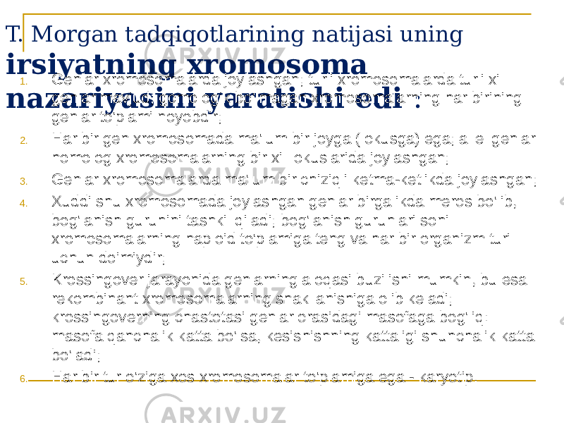 T. Morgan tadqiqotlarining natijasi uning irsiyatning xromosoma nazariyasini yaratishi edi :1. Genlar xromosomalarda joylashgan; turli xromosomalarda turli xil genlar mavjud; gomologik bo&#39;lmagan xromosomalarning har birining genlar to&#39;plami noyobdir; 2. Har bir gen xromosomada ma&#39;lum bir joyga (lokusga) ega; allel genlar homolog xromosomalarning bir xil lokuslarida joylashgan; 3. Genlar xromosomalarda ma&#39;lum bir chiziqli ketma-ketlikda joylashgan; 4. Xuddi shu xromosomada joylashgan genlar birgalikda meros bo&#39;lib, bog&#39;lanish guruhini tashkil qiladi; bog&#39;lanish guruhlari soni xromosomalarning haploid to&#39;plamiga teng va har bir organizm turi uchun doimiydir; 5. Krossingover jarayonida genlarning aloqasi buzilishi mumkin, bu esa rekombinant xromosomalarning shakllanishiga olib keladi; krossingoverning chastotasi genlar orasidagi masofaga bog&#39;liq: masofa qanchalik katta bo&#39;lsa, kesishishning kattaligi shunchalik katta bo&#39;ladi; 6. Har bir tur o&#39;ziga xos xromosomalar to&#39;plamiga ega - karyotip. 