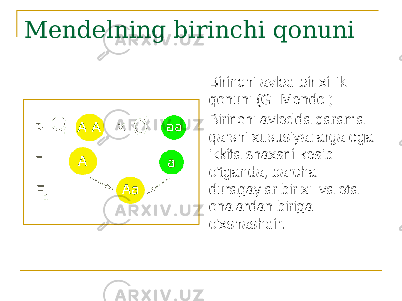 Mendelning birinchi qonuni Birinchi avlod bir xillik qonuni (G. Mendel) Birinchi avlodda qarama- qarshi xususiyatlarga ega ikkita shaxsni kesib o&#39;tganda, barcha duragaylar bir xil va ota- onalardan biriga o&#39;xshashdir. 