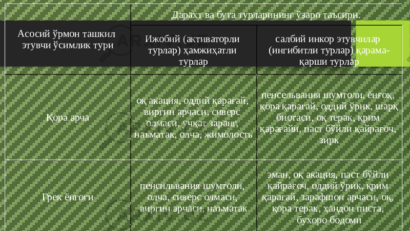 Асосий ўрмон ташкил этувчи ўсимлик тури Дарахт ва бута турларининг ўзаро таъсири. Ижобий (активаторли турлар) ҳамжиҳатли турлар салбий инкор этувчилар (ингибитли турлар) қарама- қарши турлар Қора арча оқ акация, оддий қарағай, виргин арчаси, сиверс олмаси, учқат заранг, наъматак, олча, жимолость пенсельвания шумтоли, ёнғоқ, қора қарағай, оддий ўрик, шарқ биотаси, оқ терак, қрим қарағайи, паст бўйли қайрағоч, зирк Грек ёнғоғи пенсильвания шумтоли, олча, сиверс олмаси, виргин арчаси, наъматак эман, оқ акация, паст бўйли қайрағоч, оддий ўрик, қрим қарағай, зарафшон арчаси, оқ, қора терак, ҳандон писта, бухоро бодоми 