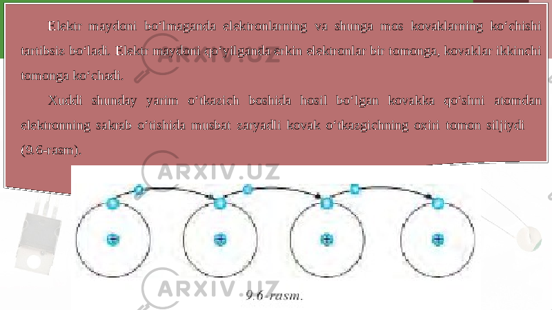 Elektr maydoni bo‘lmaganda elektronlarning va shunga mos kovaklarning ko‘chishi tartibsiz bo‘ladi. Elektr maydoni qo‘yilganda erkin elektronlar bir tomonga, kovaklar ikkinchi tomonga ko‘chadi. Xuddi shunday yarim o‘tkazich boshida hosil bo‘lgan kovakka qo‘shni atomdan elektronning sakrab o‘tishida musbat zaryadli kovak o‘tkazgichning oxiri tomon siljiydi (9.6-rasm). 