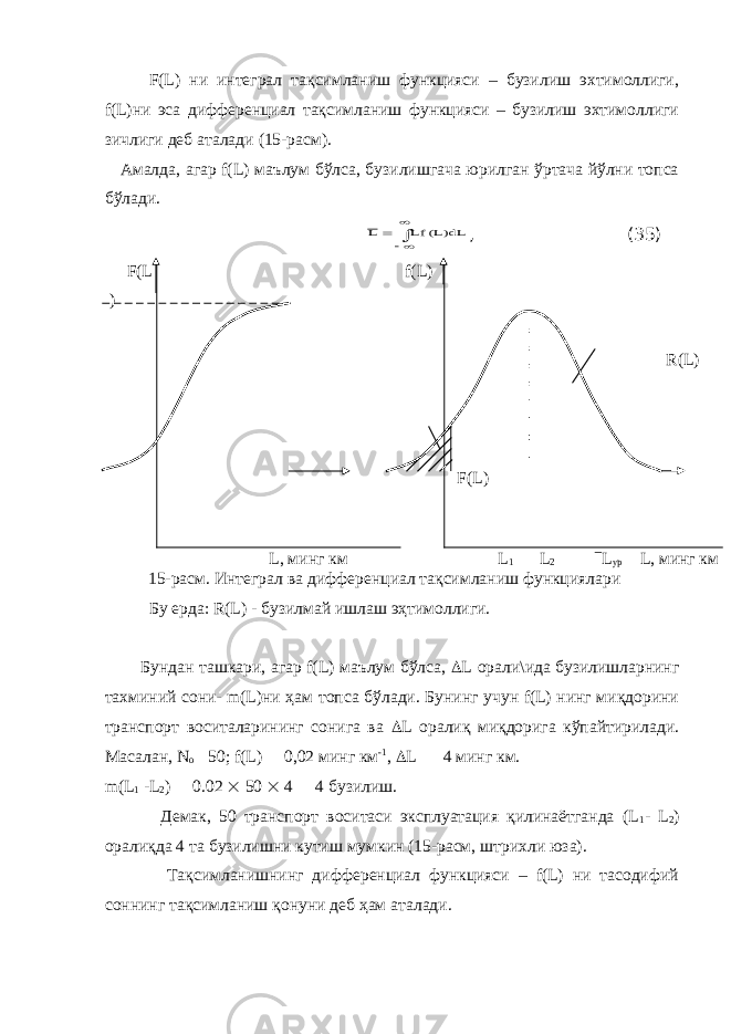 F(L) ни интеграл тақсимланиш функцияси – бузилиш эхтимоллиги, f(L)ни эса дифференциал тақсимланиш функцияси – бузилиш эхтимоллиги зичлиги деб аталади (15-расм). Амалда, агар f(L) маълум бўлса, бузилишгача юрилган ўртача йўлни топса бўлади.    dL)L( Lf L , (35) F(L ) f(L) R(L) F(L) L, минг км L 1 L 2  L ур L, минг км 15-расм. Интеграл ва дифференциал тақсимланиш функциялари Бу ерда: R(L) - бузилмай ишлаш эҳтимоллиги. Бундан ташкари, агар f(L) маълум бўлса,  L орали\ида бузилишларнинг тахминий сони- m(L)ни ҳам топса бўлади. Бунинг учун f(L) нинг миқдорини транспорт воситаларининг сонига ва  L оралиқ миқдорига кўпайтирилади. Масалан, N о  50; f(L)  0,02 минг км -1 ,  L  4 минг км. m(L 1 -L 2 )  0.02  50  4  4 бузилиш. Демак, 50 транспорт воситаси эксплуатация қилинаётганда (L 1 - L 2 ) оралиқда 4 та бузилишни кутиш мумкин (15-расм, штрихли юза). Тақсимланишнинг дифференциал функцияси – f(L) ни тасодифий соннинг тақсимланиш қонуни деб ҳам аталади. 